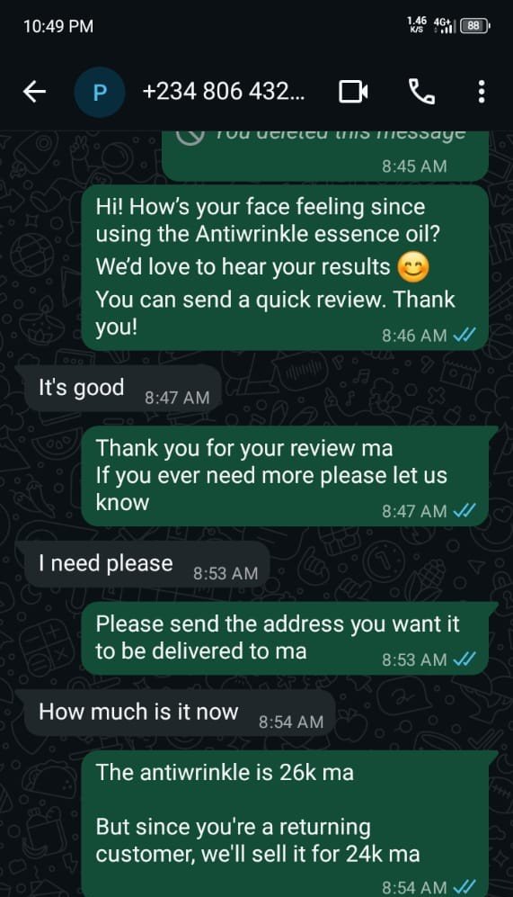 WhatsApp customer review screenshot for Summerhub Essence