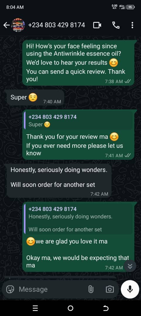 WhatsApp customer review screenshot for Summerhub Essence